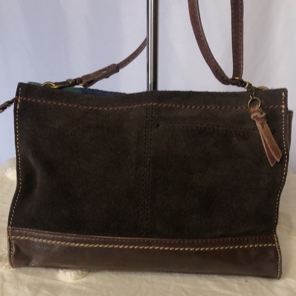 THE SAK brown, green,and blue leather and suede shoulder bag. Detachable straps. - Picture 5 of 12